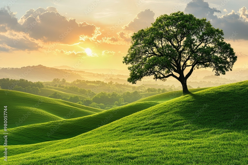 A solitary tree stands on a green hillside with a hazy sunset in the background. A solitary tree stands on a green hillside with a hazy sunset in the background.