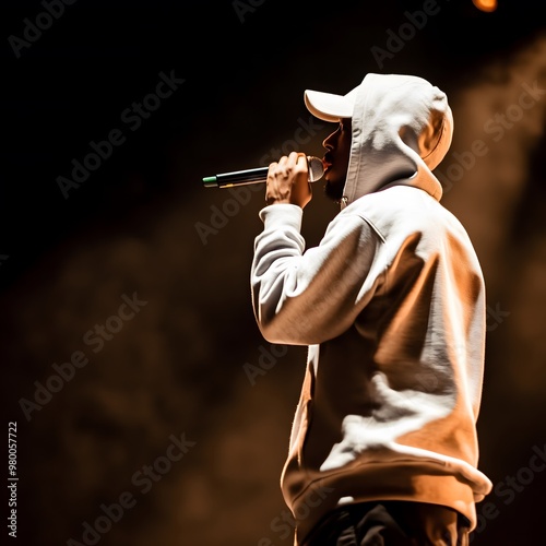 Hip hop artist rapping or singing at a live concert, while dressed in a hoodie and holding a microphone.