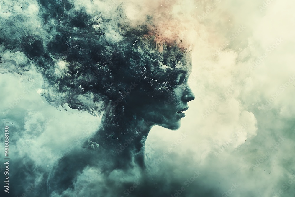 Abstract art painting of a woman's profile dissolving into a cloud of smoke Abstract art painting of a woman's profile dissolving into a cloud of smoke