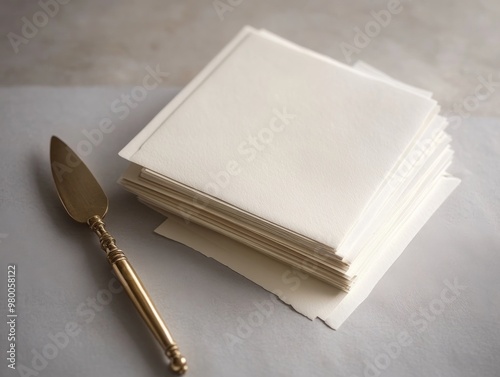 A neatly arranged set of monogrammed stationery cards sits atop one another, accompanied by a brass letter opener against a soft grey background, creating a refined ambiance photo