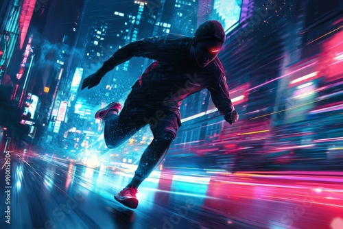 A Runner in Neon-Lit Cityscape at Night