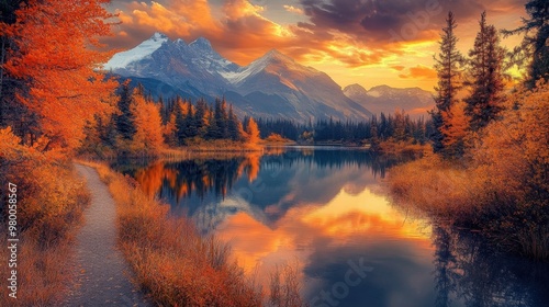 Majestic Autumn Mountain Landscape with Vibrant Foliage and Serene Lake