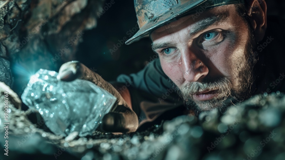 Miner finding a diamond inside a mine cave Miner finding a diamond inside a mine cave