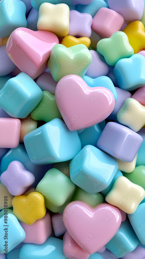 Abstract phone wallpaper featuring glossy, pastel-colored heart and cube shapes in soft pink, blue, yellow, and green tones. Abstract phone wallpaper featuring glossy, pastel-colored heart and cube shapes in soft pink, blue, yellow, and green tones.