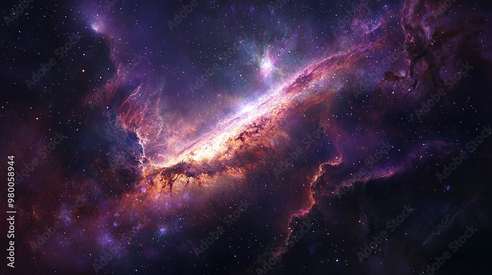 Fototapeta premium A space photo featuring stars and a spiraling object at its center, surrounded by a radiant purple and red star