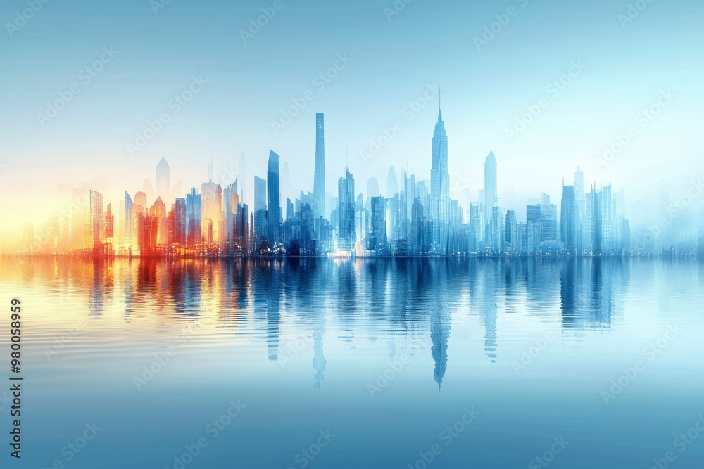 Cityscape reflected in a calm body of water with a hazy sky. Cityscape reflected in a calm body of water with a hazy sky.