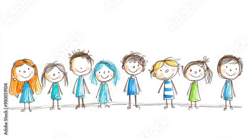 A playful drawing of stick figure children holding hands, representing childhood, friendship, and creativity with a white background.