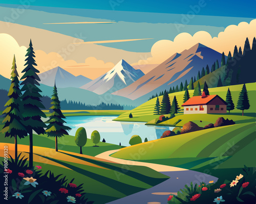 Clear turquoise mountain lake view. Rocky mountains on the river bank. Dawn or sunset in the mountains above the lake stock illustration