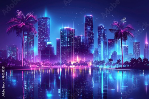 Neon Cityscape with Palm Trees and Water Reflection