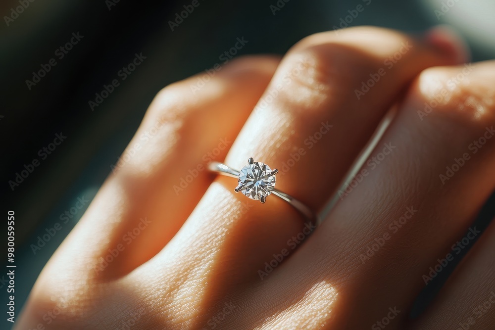Obraz premium Detail of a diamond ring on a woman s hand highlighted by sunlight and shadow Theme of love romance and marriage with a gentle focus