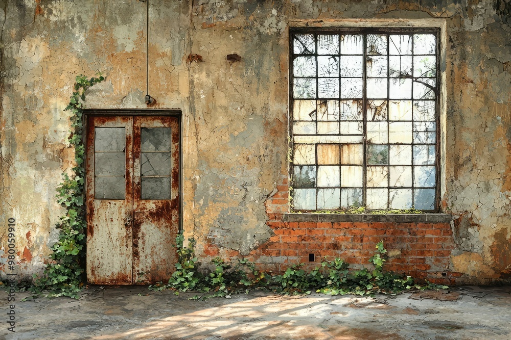 Rusted Door and Window in a Crumbling Building with Ivy Growth Rusted Door and Window in a Crumbling Building with Ivy Growth