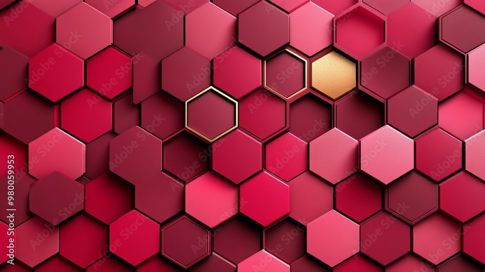 Abstract Background, 3D Hexagonal Grid Pattern in Rich Burgundy and Crimson Red Tones, Gold Accents Abstract Background, 3D Hexagonal Grid Pattern in Rich Burgundy and Crimson Red Tones, Gold Accents