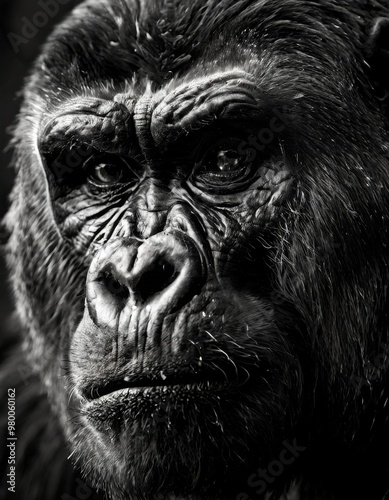 A striking black and white portrait of a gorilla, focusing on its detailed facial features. The intense gaze and textured fur showcase the majestic and powerful presence of this primate in a natural