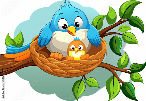Cartoon mother bird with her baby in the nest stock illustration