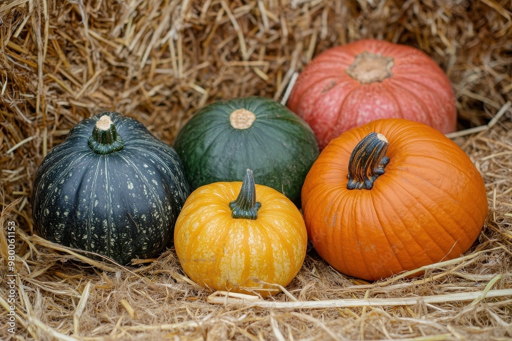 Different squashes on straw at the farm Different squashes on straw at the farm