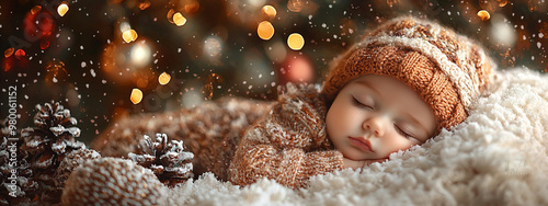 Ritratto di Natale sereno di un neonato: bambino che dorme sotto un albero festivo con decorazioni e neve.