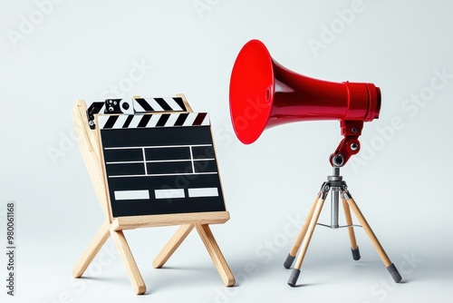 Director s chair clapperboard and red megaphone on a white backdrop photo