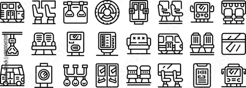 Bus interior icons set. This set of icons depicting intercity and city public transport interiors is showing seats, handles, doors, ticket machines and more