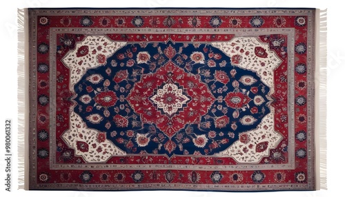 A vibrant vintage-style Persian rug with intricate red and blue floral patterns, laid flat against a white background. 