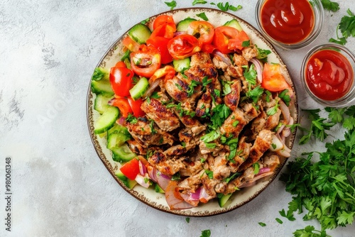 Dish featuring flavorful doner kebab veggies and sauce on a light backdrop