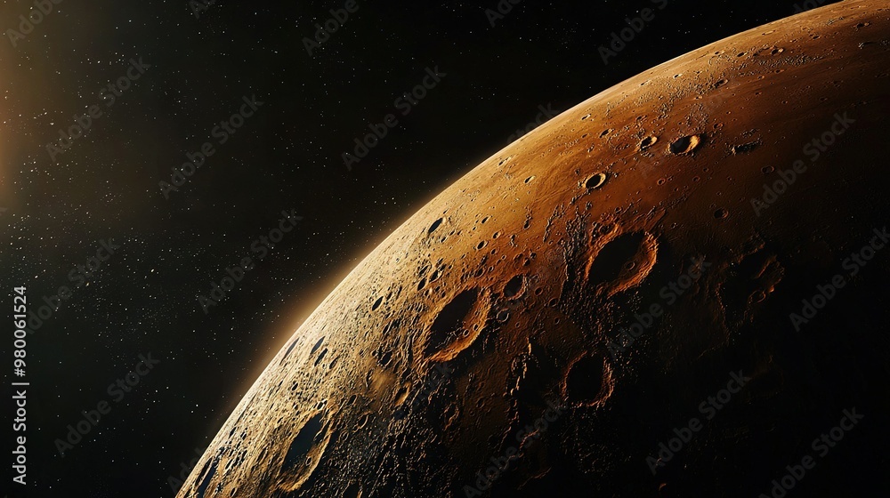 Close-up image of a planet's surface with bright light illuminating the right side Close-up image of a planet's surface with bright light illuminating the right side