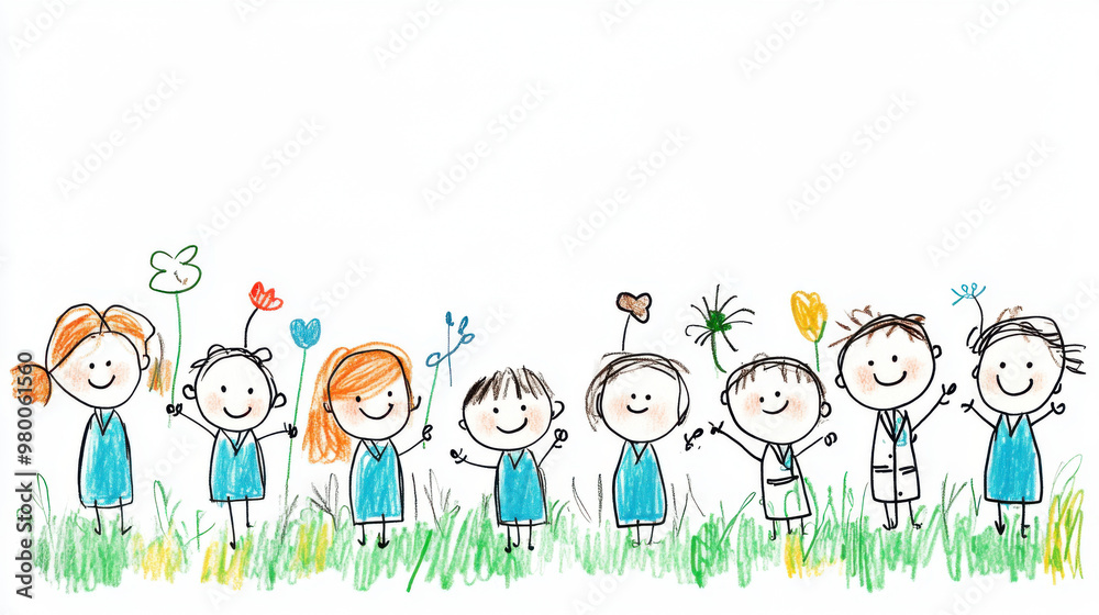 Playful drawing of a group of smiling children holding flowers, standing in grass, symbolizing friendship and happiness. Playful drawing of a group of smiling children holding flowers, standing in grass, symbolizing friendship and happiness.