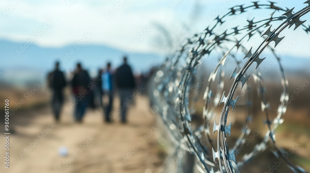 Asylum seekers walking along a path near a barbed wire fence, symbolizing barriers and the journey to safety. Asylum seekers walking along a path near a barbed wire fence, symbolizing barriers and the journey to safety.