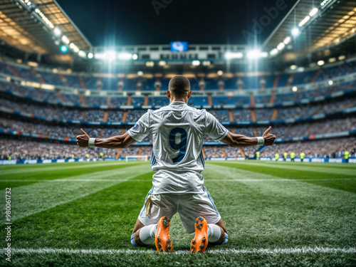 Soccer player in a white uniform kneels on the field at night with arms raised in triumph celebrating a victory.  Football striker with spanish league team number 9 jersey celebrating a goal photo