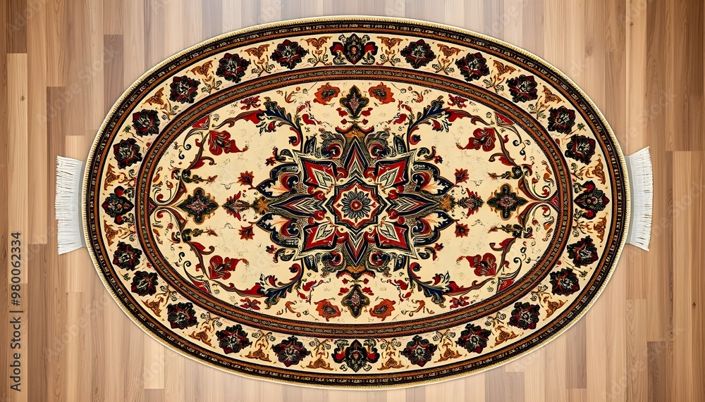 A perfectly centered flat lay of an oval-shaped Iranian rug, highlighting its ornate borders and intricate central medallion. A perfectly centered flat lay of an oval-shaped Iranian rug, highlighting its ornate borders and intricate central medallion.