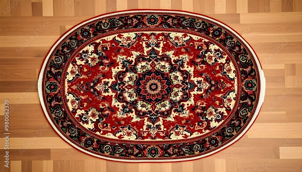 A perfectly centered flat lay of an oval-shaped Iranian rug, highlighting its ornate borders and intricate central medallion. A perfectly centered flat lay of an oval-shaped Iranian rug, highlighting its ornate borders and intricate central medallion.