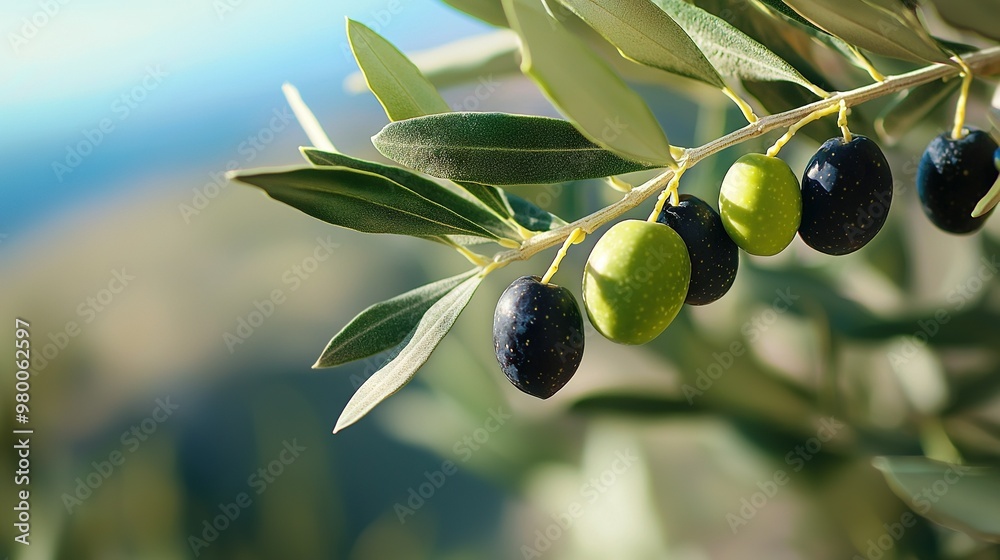 Olive tree with green and black olives on branches against blue sky Olive tree with green and black olives on branches against blue sky