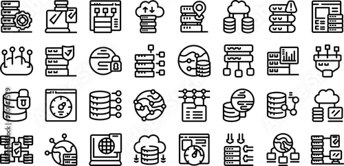 CDN icons set. Data center icons showing cloud storage and data processing capabilities in a thin line vector style