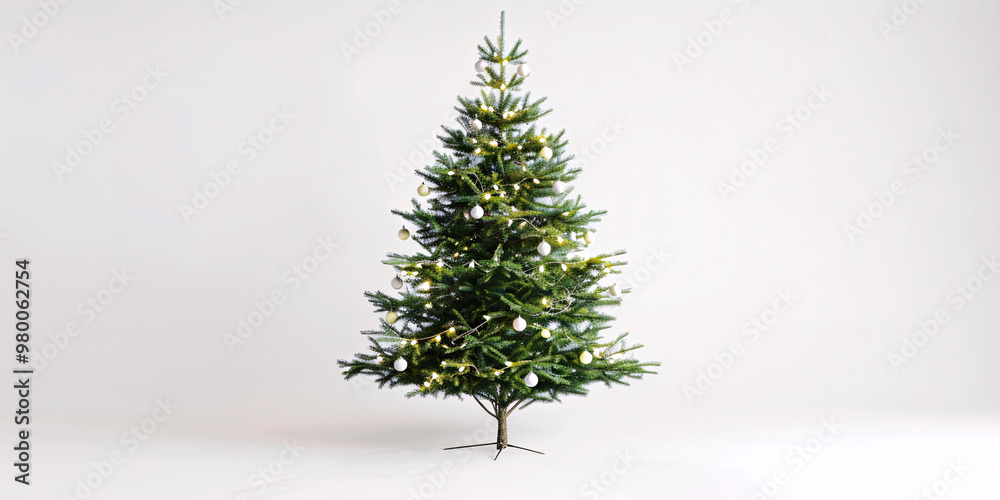 Fototapeta premium Decorated Christmas Tree with white ornaments and lights on white background. Generative Ai