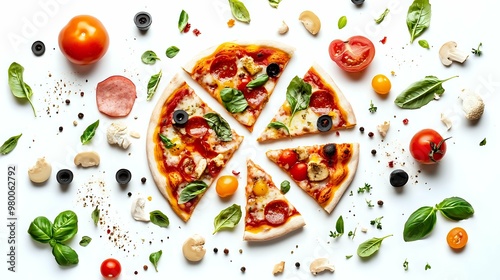 Deconstructed Pizza Ingredients on White Background.