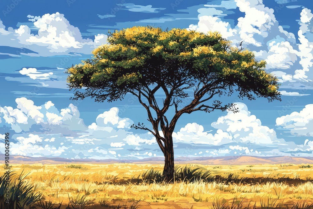 A Single Tree Stands Tall in a Vast Savanna Landscape Under a Blue Sky with Fluffy Clouds