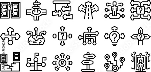 Choosing multiple directions icons set. Choosing path direction way signpost decision making icons set outline vector