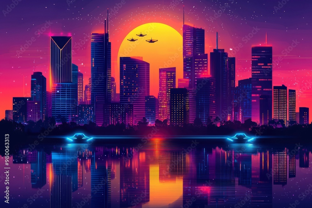 Futuristic Cityscape with Neon Lights and Flying Vehicles at Sunset Futuristic Cityscape with Neon Lights and Flying Vehicles at Sunset