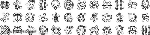 Piercing jewelry icons set. This set of icons offers a variety of piercing options, showcasing both the tools used and the body parts that can be adorned