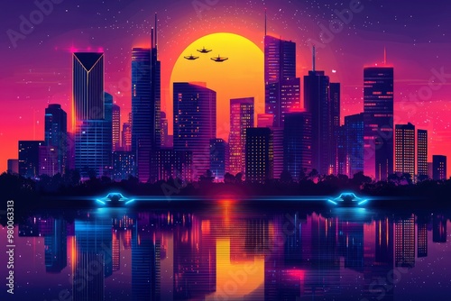 Futuristic Cityscape with Neon Lights and Flying Vehicles at Sunset