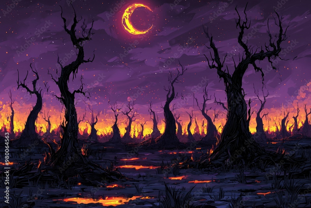 Silhouetted Trees in a Burning Forest with a Crescent Moon Silhouetted Trees in a Burning Forest with a Crescent Moon