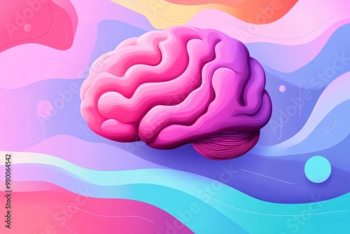 Cartoonish pink and red brain floating in a surreal pastel landscape representing playful intelligence creative thought and the imaginative potential of the human mind in a whimsical setting photo