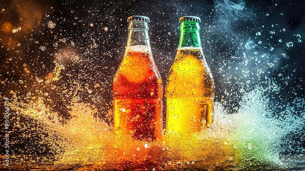 Two bottles of beer splash into black water with a drop of water at the base Two bottles of beer splash into black water with a drop of water at the base