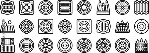 Drain manhole icons set. Set of various manhole covers for construction showing different shapes and patterns line icons