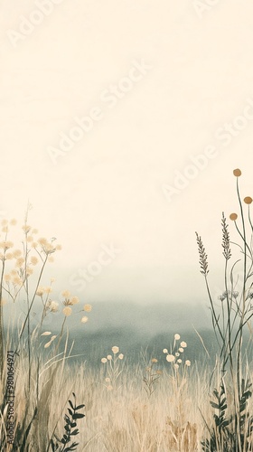 Delicate minimalistic watercolor mobile phone wallpaper showcasing wildflowers in a grassy field beneath a soft sky, featuring dark beige tones that inspire tranquility and a connection to nature