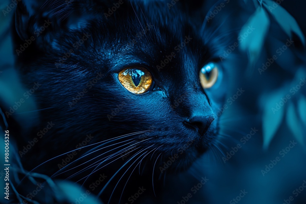 Close up of black cat with glowing yellow eyes in dark, mysterious setting Close up of black cat with glowing yellow eyes in dark, mysterious setting