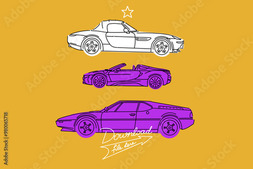 Vector illustrations for apparel prints and other uses. Hand drawn sports cars. 