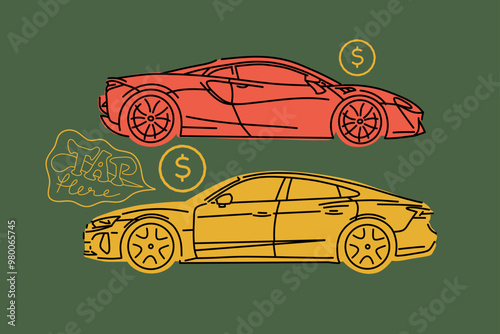 Vector illustrations for apparel prints and other uses. Hand drawn sports cars. 