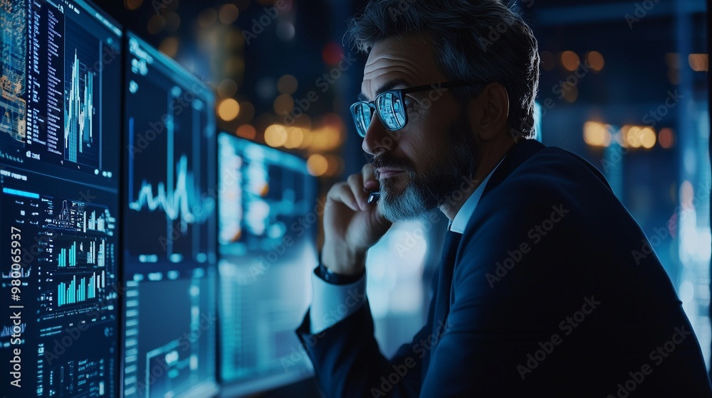 A professional analyzing data on multiple screens, representing corporate cyber risk management. A professional analyzing data on multiple screens, representing corporate cyber risk management.