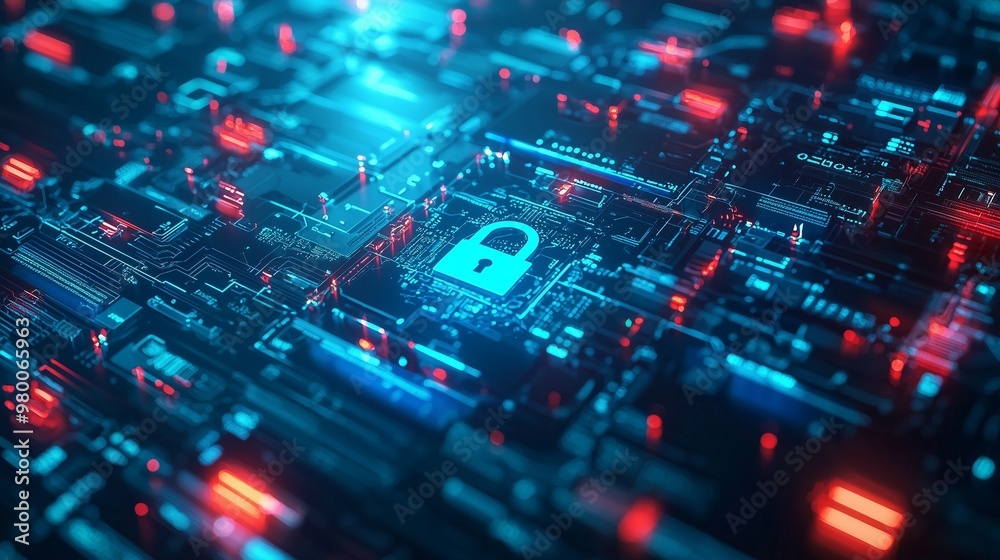 Digital lock symbol on a circuit board, representing cybersecurity and corporate risk management strategies. Digital lock symbol on a circuit board, representing cybersecurity and corporate risk management strategies.