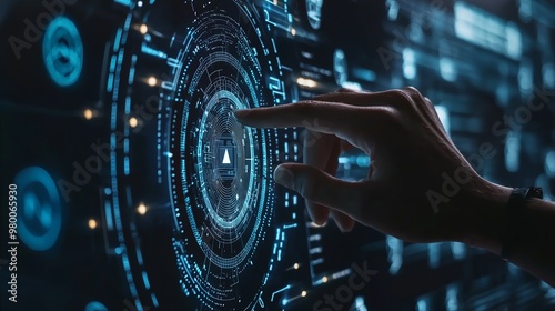 A hand interacts with a futuristic digital interface, symbolizing advanced information security measures and cybersecurity technology.